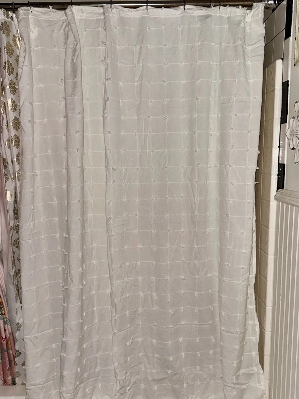 Boho White Tufted Grid Shower Curtain